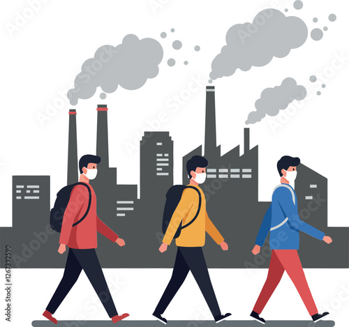 Three people walking in front of a smoky industrial skyline