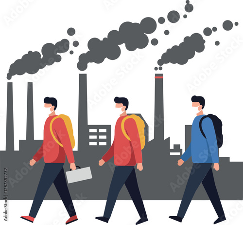 Three workers walking past industrial factories with smoke emissions