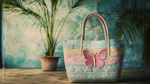 Woven Beach Bag with Pink Butterfly Applique Against Teal Backdrop And Green Palm Leaves