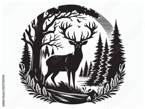 Deer in Forest Silhouette Black Color Wildlife Nature Scene