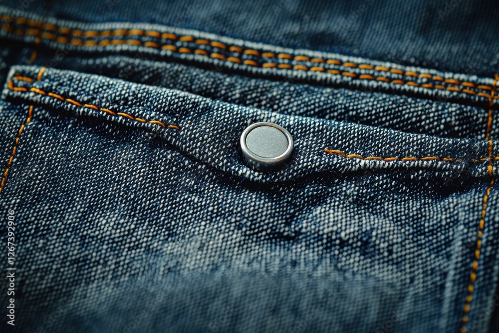 Close-up of a denim jacket pocket with detailed stitching and a metal button fastener, showcasing the texture and design of the garment for fashion, and apparel.
