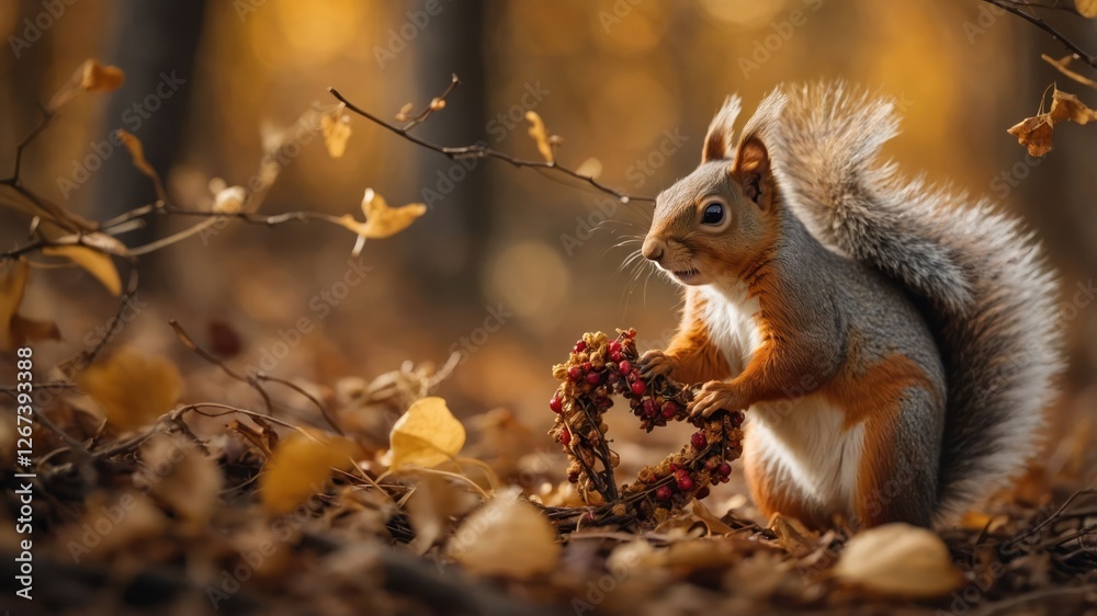 A squirrel holding a heart-shaped arrangement of berries amidst autumn leaves. A squirrel holding a heart-shaped arrangement of berries amidst autumn leaves.