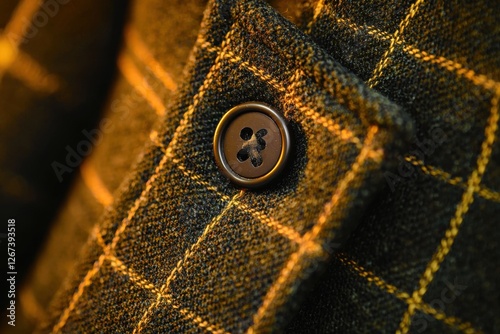 Detailed close-up reveals the texture of a checkered wool fabric with a dark button, emphasizing vintage tailoring and classic sartorial elegance.