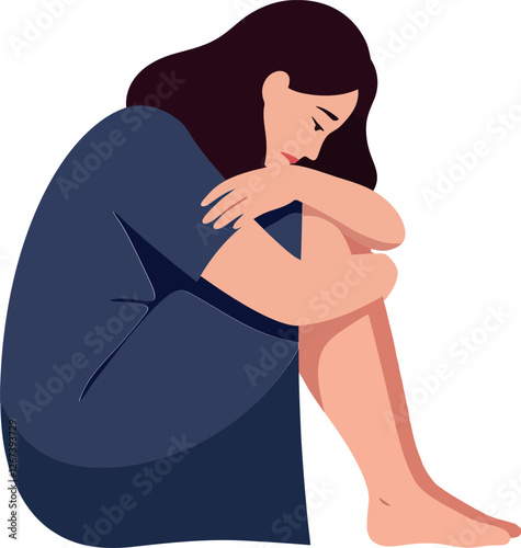 Illustration of a woman sitting with knees hugged, expressing sadness and contemplation