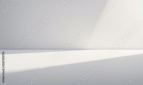 A minimalist interior showcasing soft shadows on a bright, white wall and surface, creating a serene atmosphere.