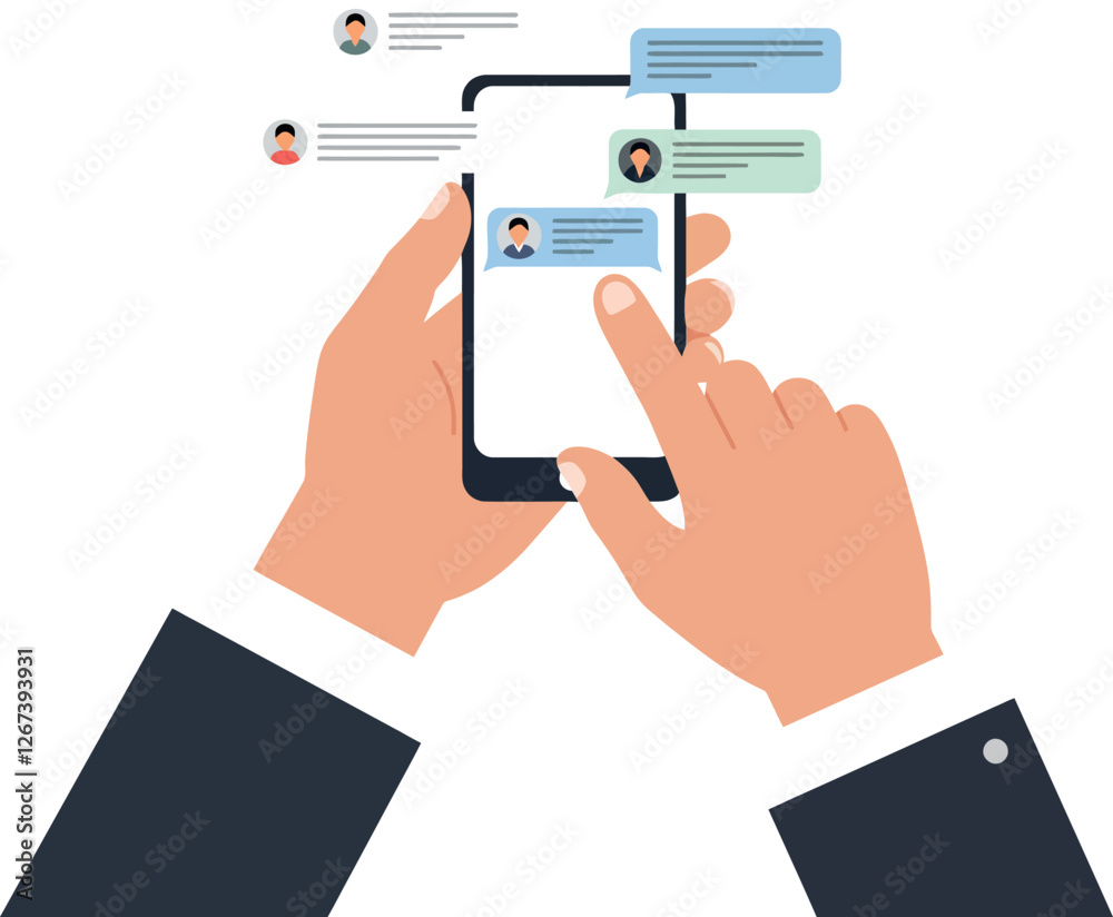 Hands using smartphone to interact with chat messages in digital conversation Hands using smartphone to interact with chat messages in digital conversation