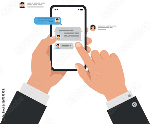 Hands holding smartphone while sending messages in a digital chat interface