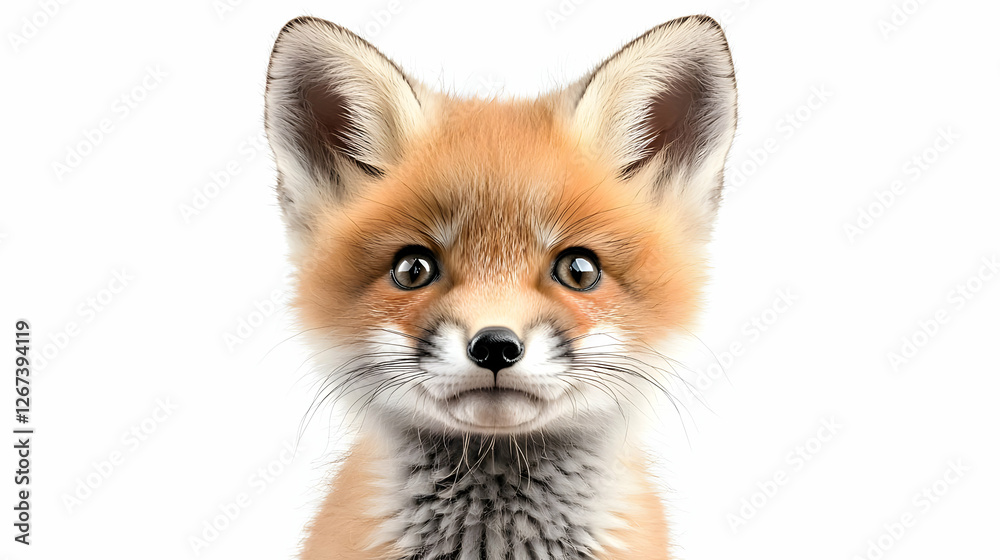 Obraz premium Cute red fox kit portrait, isolated on white, wildlife