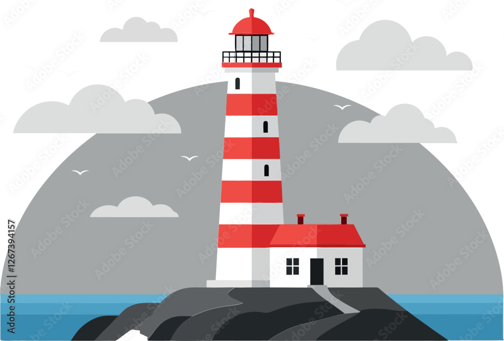 Fototapeta premium Bright red and white striped lighthouse standing on rocky shoreline