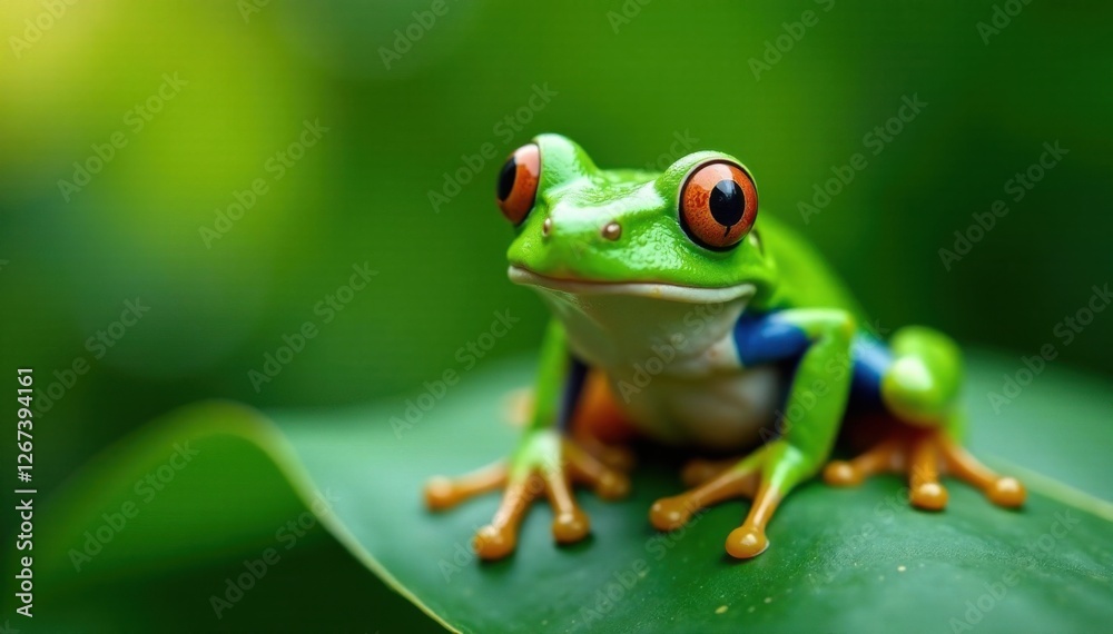 Obraz premium Green frog on a leaf with big smile, green frog, silly, cartoon frog