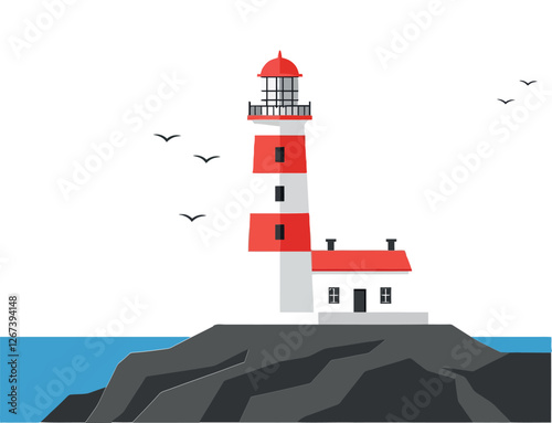 Red and white lighthouse on rocky shore with seagulls flying above