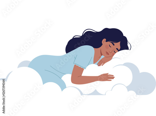 Woman peacefully sleeping on fluffy clouds with a serene expression