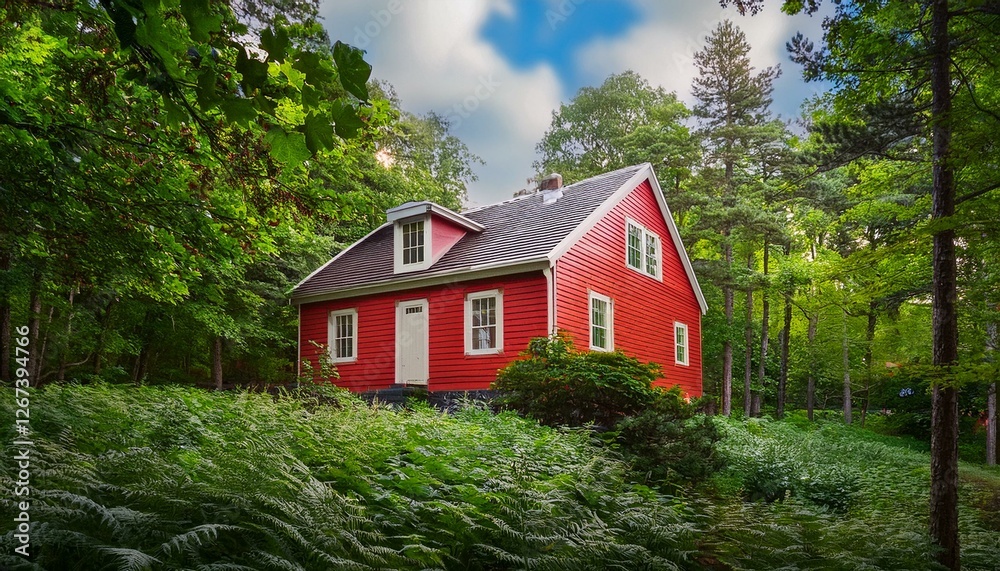 cozy red house surrounded by lush green foliage nature s tranquil retreat cozy red house surrounded by lush green foliage nature s tranquil retreat