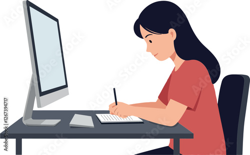 Young woman sitting at desk writing notes while using computer