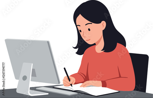 Young woman studying at a desk with a laptop and notebook