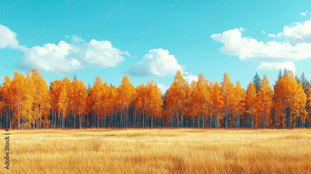 Fototapeta premium Golden autumn forest with meadow under blue sky