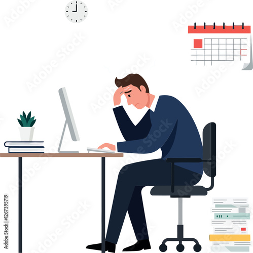Man sitting at desk feeling stressed while working on computer