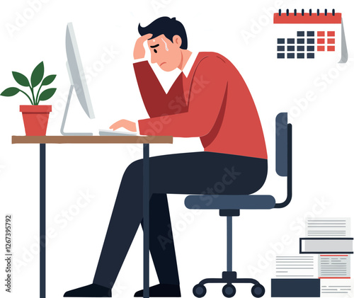 Frustrated man sitting at desk with computer and calendar in office setting