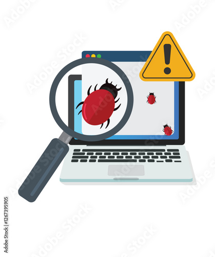 Magnifier searching malware bug. Computer internet error virus concept.. stock illustration
