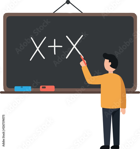 Teacher explaining a mathematical equation on a chalkboard in classroom setting