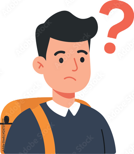 Young man with backpack and question mark expressing confusion or uncertainty