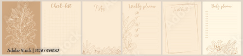 Notebook pages and cover template with line art Tiger Lily flowers. Planner, diary, notepad, organizer with elegant floral design. Vector card, notes, stickers, labels, tags paper sheet illustrations.