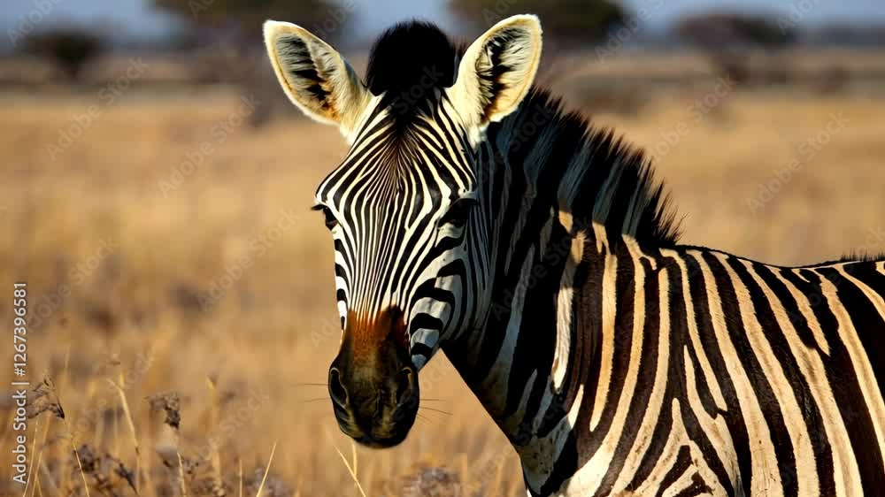 Striking portrait of a zebra in a golden grassy African savanna