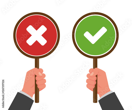 Hands hold check mark cross x and tick v round banner plate business concept flat design