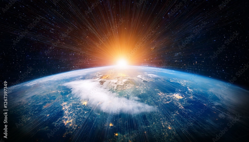 Fototapeta premium a view of the earth from space with the sun shining brightly in the space