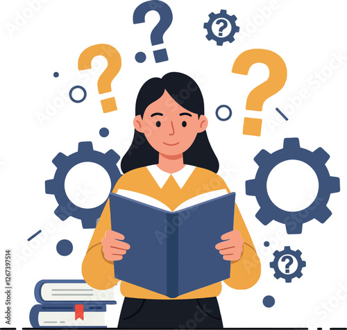 Woman reading a book surrounded by question marks and gears