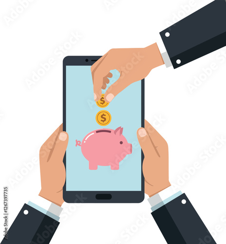 Hand inserting coins into digital piggy bank on smartphone screen