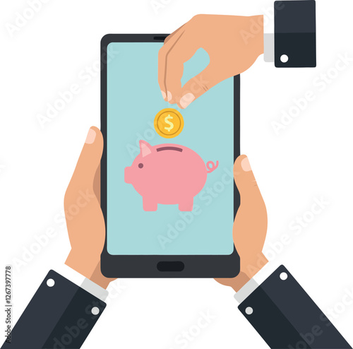Hand placing coin into smartphone displaying piggy bank graphic