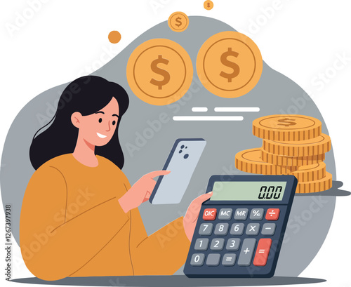 Woman using smartphone and calculator with coins in financial setting