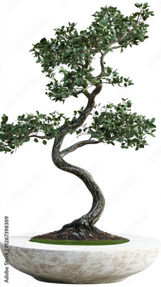 A beautifully twisted bonsai tree in a round pot, showcasing intricate branches and lush green leaves against a minimalist background A beautifully twisted bonsai tree in a round pot, showcasing intricate branches and lush green leaves against a minimalist background