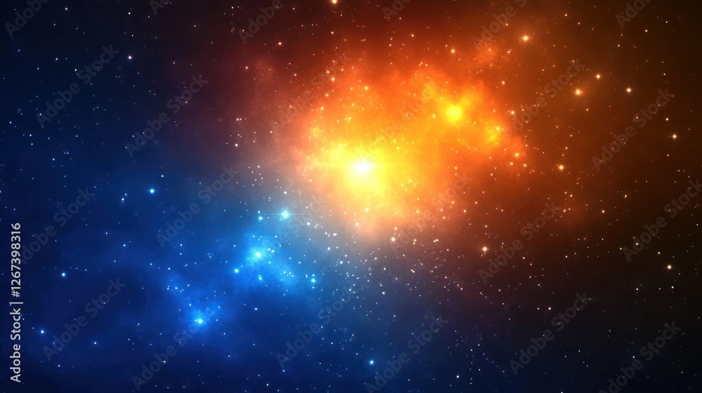 Fototapeta premium A vibrant cosmic scene showcasing a nebula with swirling colors of orange and blue, set against a backdrop of twinkling stars