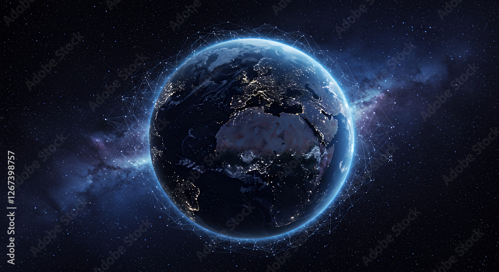 Obraz premium Earth Connected: Global Network, Space View, Tech Planet, Digital World, Night Lights, Futuristic Connection, Worldwide Web, Innovation, Globe