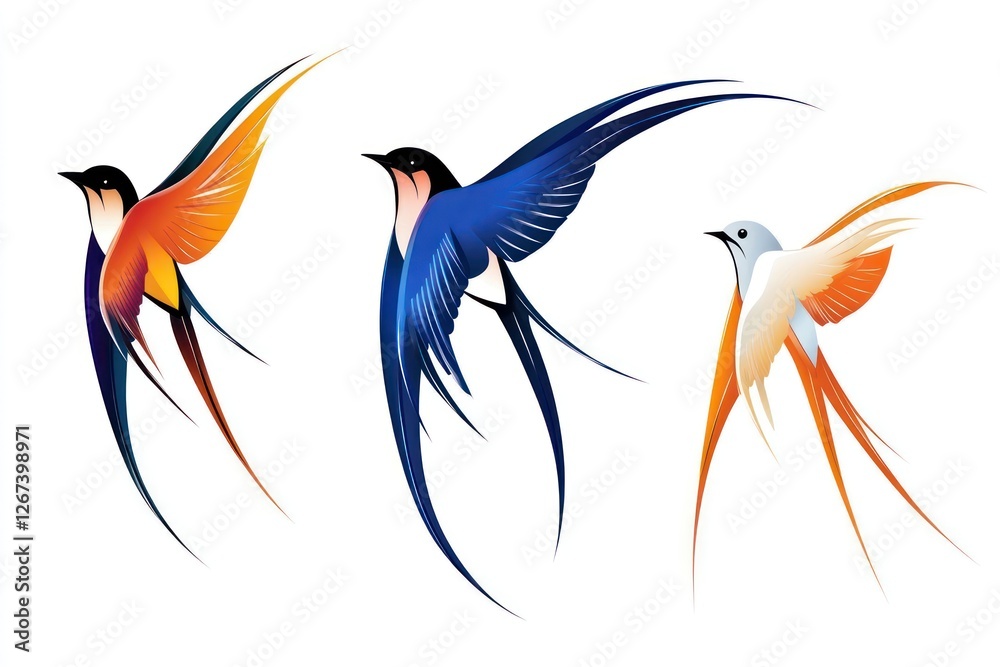 Three cartoon swallows soar in vivid hues against a bright backdrop, embodying the spirit of spring with their elegant flight and lively energy Three cartoon swallows soar in vivid hues against a bright backdrop, embodying the spirit of spring with their elegant flight and lively energy