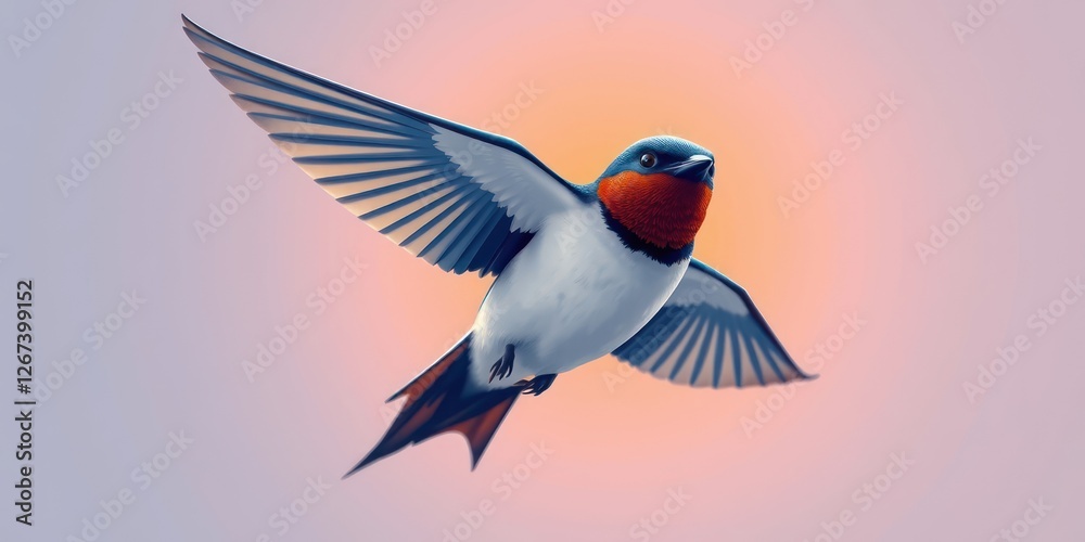 A swallow bird glides through a colorful spring sky, its wings wide open, embodying grace and freedom as it enjoys the evening light of sunset A swallow bird glides through a colorful spring sky, its wings wide open, embodying grace and freedom as it enjoys the evening light of sunset