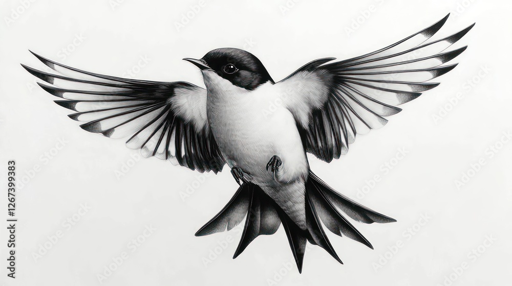 Fototapeta premium A swallow bird with elegant wings extended flies through a clear sky, showcasing its graceful form and splendid feathers, symbolizing freedom and movement in spring