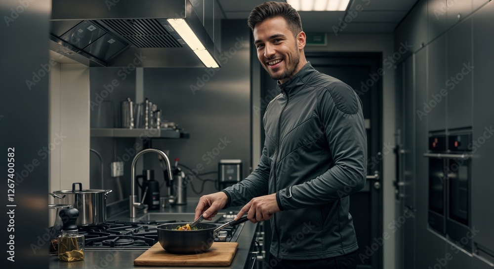 Home chef smiling and cooking in a modern kitchen Home chef smiling and cooking in a modern kitchen