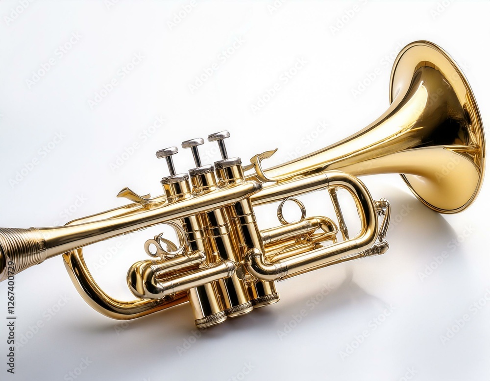 Obraz premium a gleaming golden trumpet isolated on a white background showcasing its intricate details and musical elegance