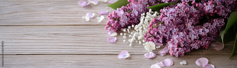 Fototapeta premium Beautiful lilac flowers with delicate white accents and petals on wooden surface create serene and fresh atmosphere