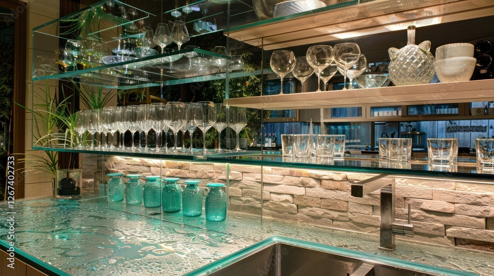 A chic setup of glass in modern kitchen, blending seamlessly with the decor, A chic setup of glass in modern kitchen, blending seamlessly with the decor,