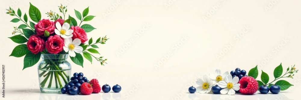 Illustration of mixed berries and leafy greens with fresh flowers in a vase, organic, greenery Illustration of mixed berries and leafy greens with fresh flowers in a vase, organic, greenery