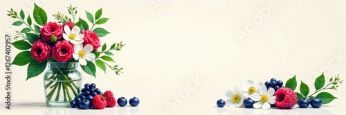Wallpaper Mural Illustration of mixed berries and leafy greens with fresh flowers in a vase, organic, greenery Torontodigital.ca