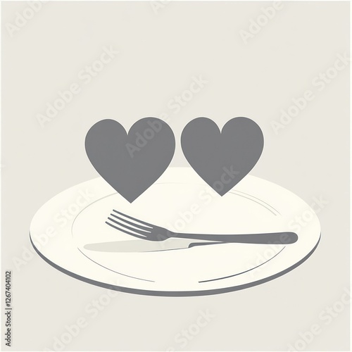 Empty plate with hearts and fork, food concept, love of eating, vector illustration photo