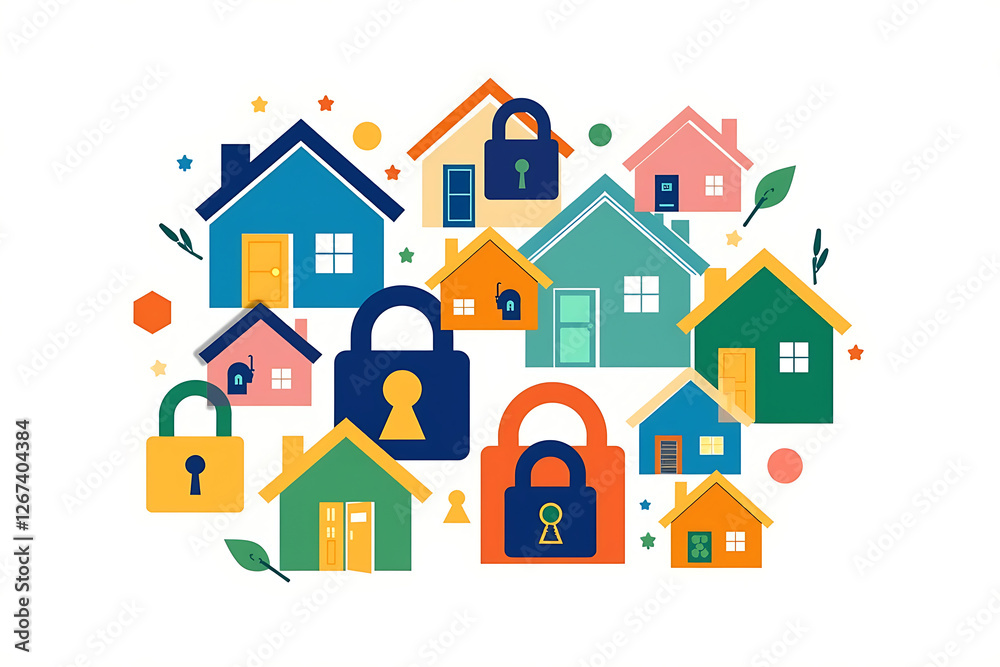houses and locks representing security and home safety. houses and locks representing security and home safety.