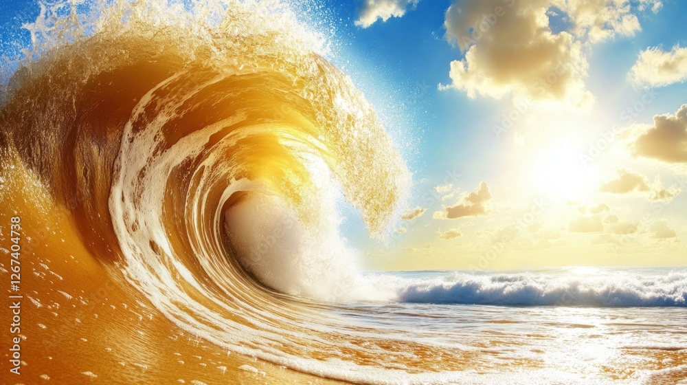 Naklejka premium Golden Hour Wave: A Majestic Ocean Sunset