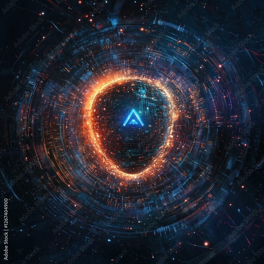 Obraz premium A vibrant, glowing digital design featuring a shield-like shape surrounded by swirling lights and patterns, emphasizing technology and innovation.