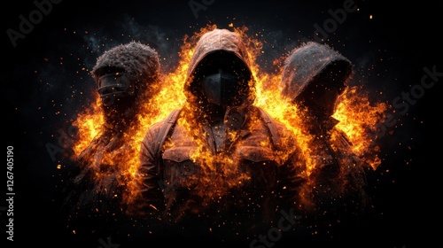 Man in hooded jacket surrounded by fire with gaming elements in studio lighting and natural colors